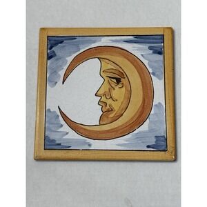 VTG Crescent Moon Celestial Handpainted Tile‎ Decor Trivet Anthropomorphic Spain